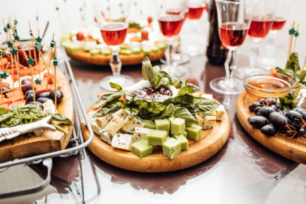 istock Tasting cheese dish . Delicious cheese on the table. Table setting at a luxury wedding reception. 1081488110