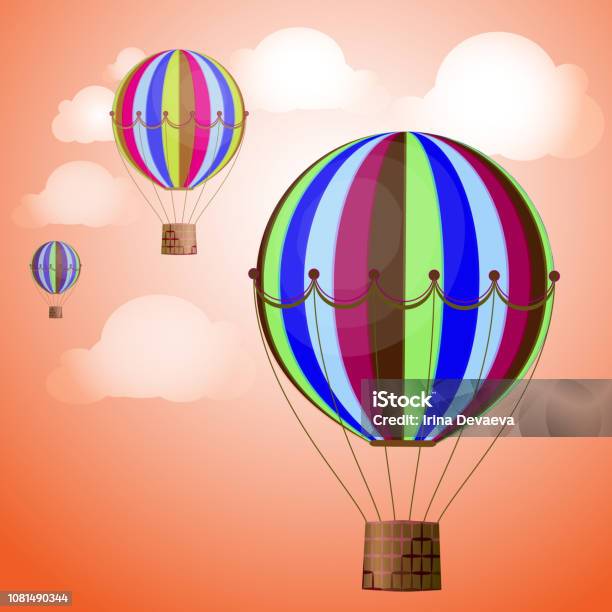Soared Vector Large Colored Balloons Soar Against The Bright Sky And Clouds Vector ...