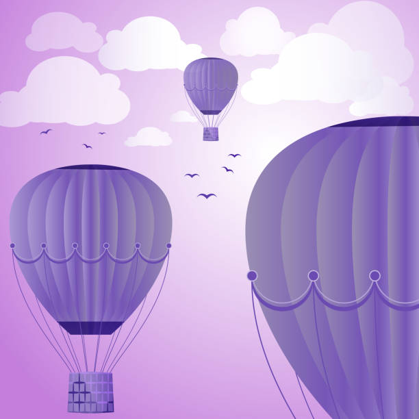 istock Large colored balloons soar against the evening sky, clouds and birds. Vector illustration for your design. 1081490698