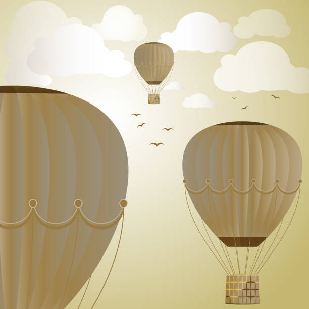 istock Large colored balloons soar against the evening sky, clouds and birds. Vector illustration for your design. 1081490848