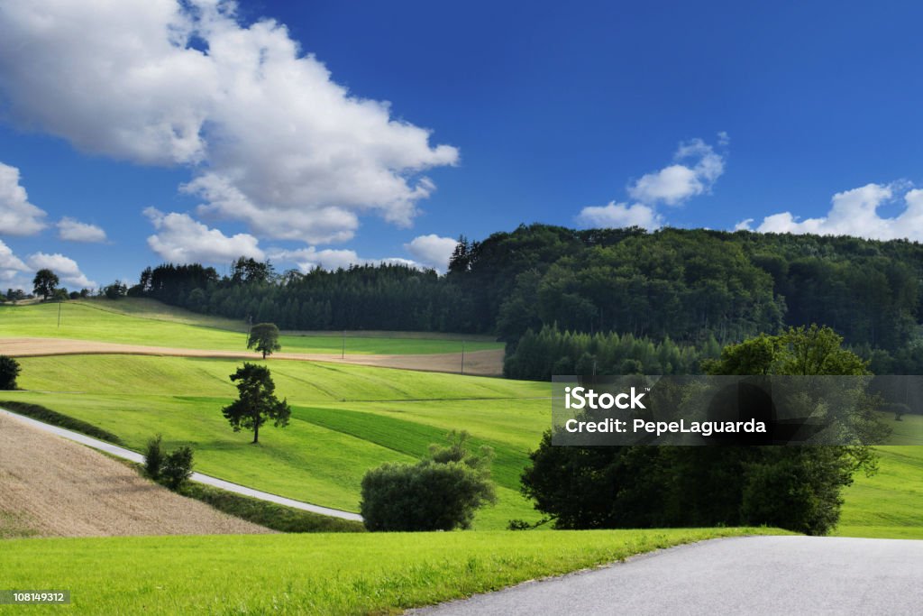 Des collines ondoyantes et de forêts verdoyantes contre ciel bleu - Photo de Agriculture libre de droits