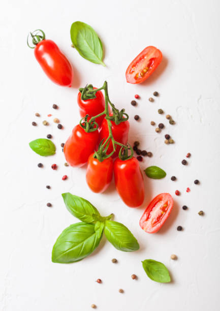 orgánica mini san marzano tomates en rama con albahaca y pimienta sobre fondo blanco cocina - tomatoes on vine fotografías e imágenes de stock