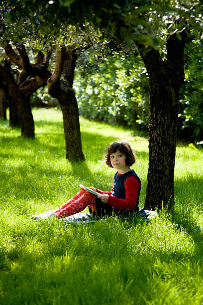 Little Girl Reading Book Under Tree
