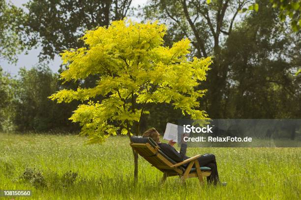Женщина Сидящая На Шезлонг Читающий Книгу Под Дерево Xxl — стоковые фотографии и другие картинки В полный рост