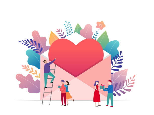 Happy Valentines day, love letter concept. Big envelope with red heart and small people, romantic background, banner design Happy Valentines day, love letter concept. Big envelope with red heart and small people, romantic background, banner design template large envelope stock illustrations