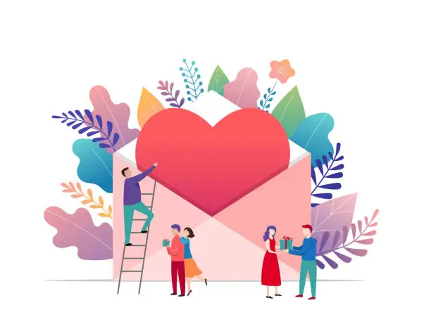 Vector illustration of Happy Valentines day, love letter concept. Big envelope with red heart and small people, romantic background, banner design