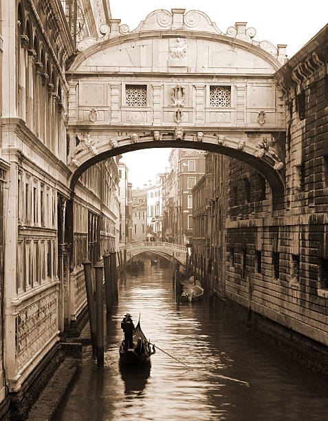 Gondola Under Bridge of Sighs, Sepia Toned stock photo