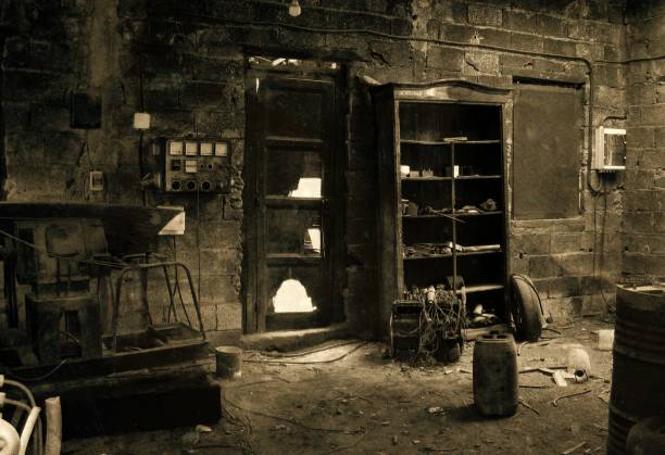 Spooky, Abandoned and Dirty Room, Sepia Toned stock photo