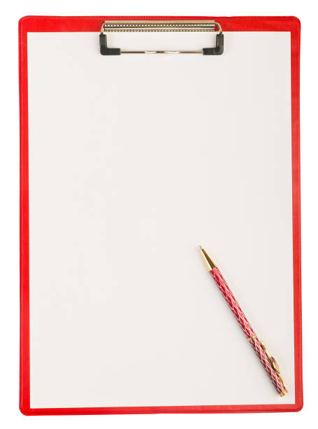 istock Red plastic clipboard with a pen isolated on white 1081516038