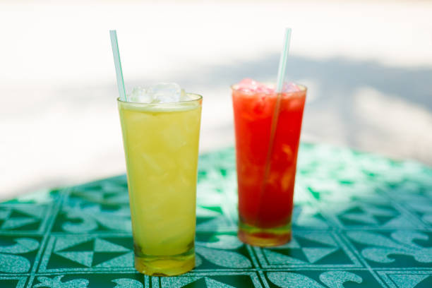 Fresh prepared malaysian squeezed juices in local restaurant on Langkawi island. Traditional asian cuisine made of fresh ingredients.