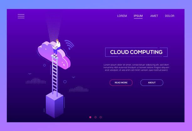 Cloud computing - modern isometric vector website header Cloud computing - modern isometric vector website header on dark purple background with copy space for your text. High quality banner with a businessman, specialist switching on a cloud, plugging in electric plug dark stock illustrations