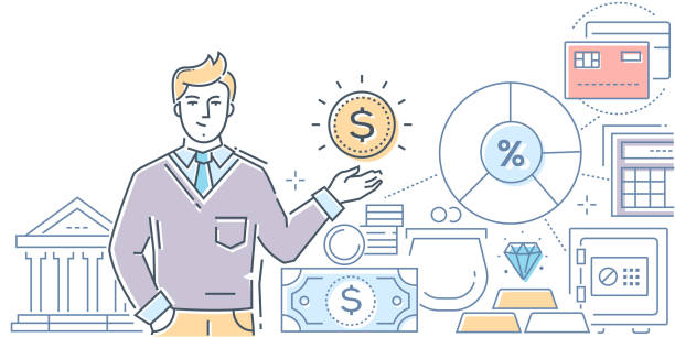 Financial advisor - modern line design style illustration Financial advisor - modern line design style illustration on white background. High quality colorful composition with a young male specialist, assistant, images of bank cards, safe, wallet, coins financial advisor percentage sign business finance stock illustrations