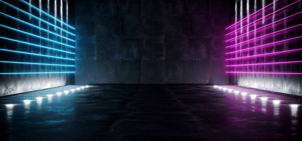 istock Dark Sci-Fi Empty Modern Futuristic Space Ship Tunnel Corridor With Grunge Reflective Concrete Texture And Purple Pink Blue Ice Neon Glowing Line Tubes Lights Background 3D Rendering 1081527910