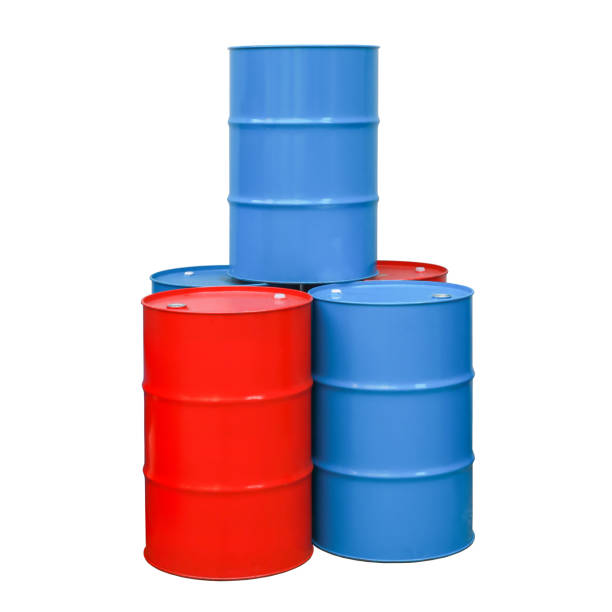 istock Red, blue barrel oil. Steel drum 1081538400