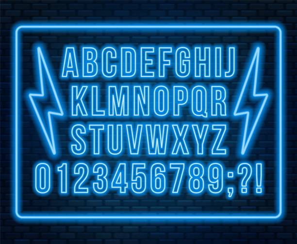 Neon red font. Bright capital letters with numbers on a dark background. Neon red font. Bright capital letters with numbers on a dark background. Vector illustration. pub illustrations stock illustrations