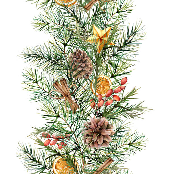 装飾が施された水彩画のシームレスな冬の花束。手塗装モミ枝マツ円錐形、ベリー、星とシナモンスティックを白い背景に分離します。デザイン、印刷のクリスマス花のイラスト - pine tree pine cone branch isolated点のイラスト素材／クリップアート素材／マンガ素材／アイコン素材