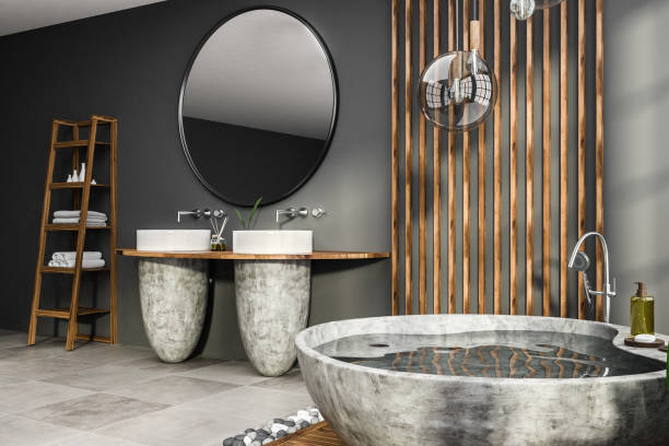 istock Gray bathroom corner, round tub and sink 1081550524