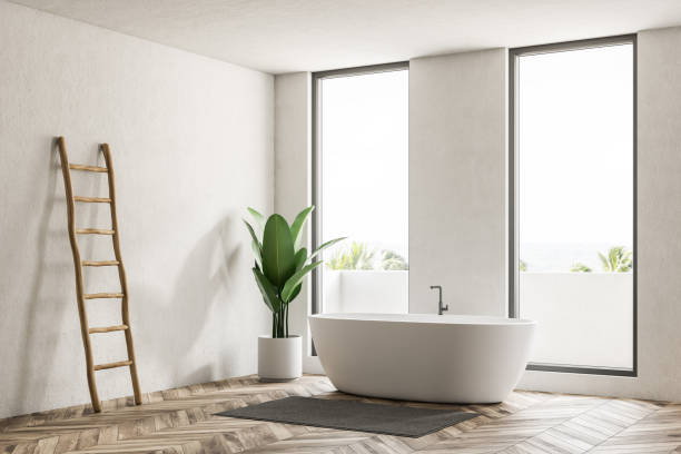 istock White bathroom corner with tub and ladder 1081550658