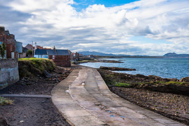 istock Deserted Winding Seaside Path under Cloudy Sky with Patches of Blue 1081555348