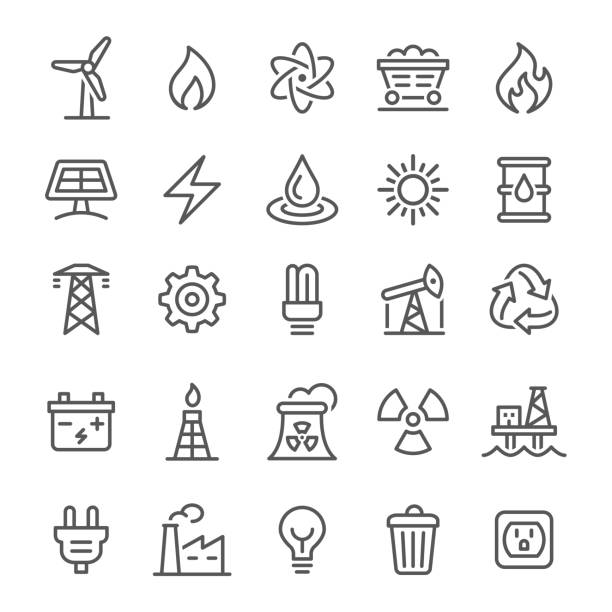 에너지 아이콘-벡터 라인 시리즈 - solar energy energy fuel and power generation solar power station stock illustrations