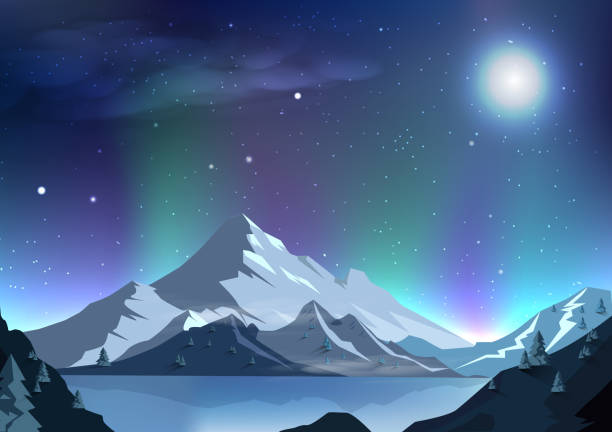 ilustraciones, imágenes clip art, dibujos animados e iconos de stock de fantasía luna llena resumen antecedentes aurora noche escena mágica, estrellas dispersión invierno, fuera del planeta, concepto de espacio de la galaxia, vía láctea, paisaje de montañas ilustración vectorial - super moon