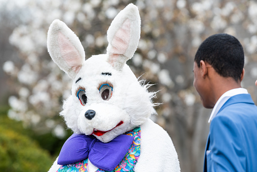 Washington DC, USA - April 1, 2018: Easter bunny costume and people by the basilica of the National Shrine of the Immaculate Conception Catholic church outside on Easter