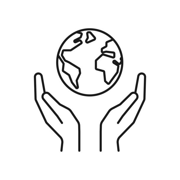 행성, 지구에서의 고립 된 검은 개요 아이콘 흰색 바탕에 손. 글로브와 손을의 선 아이콘입니다. 치료, 보호의 상징입니다. 행성을 저장 합니다. - globe human hand earth world map stock illustrations