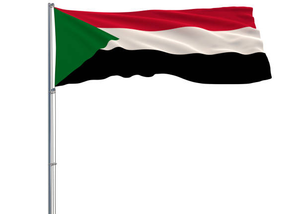 istock Isolate flag of Sudan on a flagpole fluttering in the wind on a white background, 3d rendering 1081576926