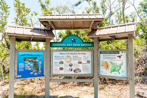 Big Pine Key, USA - May 1, 2018: Florida Keys, closeup of blue lake pond information sign for National Key Deer Refuge