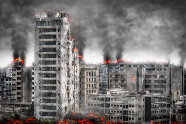 istock Apocalyptic cityscape. Digital illustration 1081578594