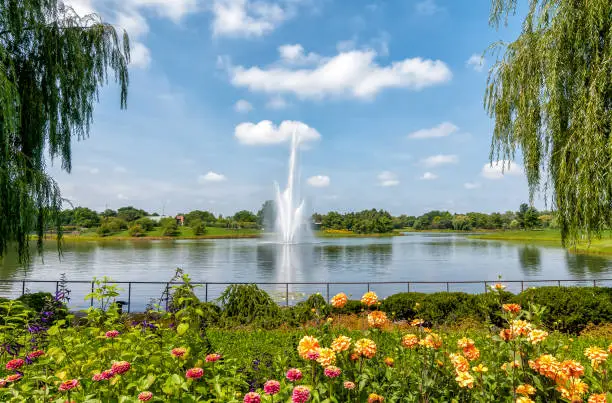 Photo of Chicago Botanic Garden Landscape with fountain in the pond, Glencoe, USA