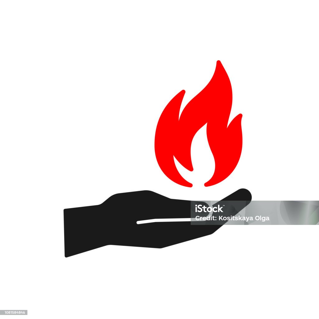 Black isolated icon of flame in hand on white background. Silhouette of red fire and black hand. Flat design. Black isolated icon of flame in hand on white background. Silhouette of red fire and black hand. Flat design Black Color stock vector