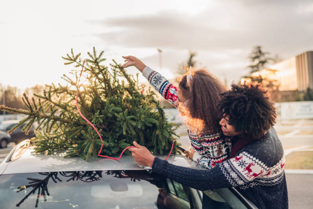 istock Girl helping father pack Christmas tree on a car roof 1081588562