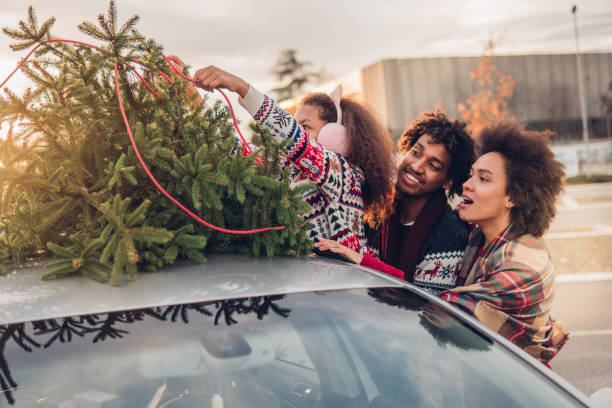 istock Young family strapping Christmas tree 1081588574