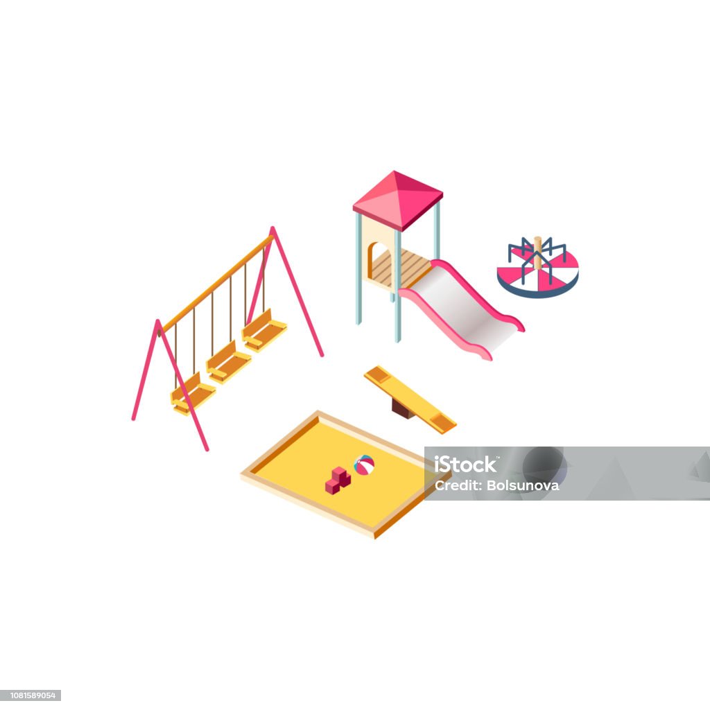 Isometric children playground Vector illustration isolated isometric children playground, swings, slide, jungle gym, merry go round, carousel, seesaw, sandbox, playing field town city urban infrastructure element white background Arts Culture and Entertainment stock vector
