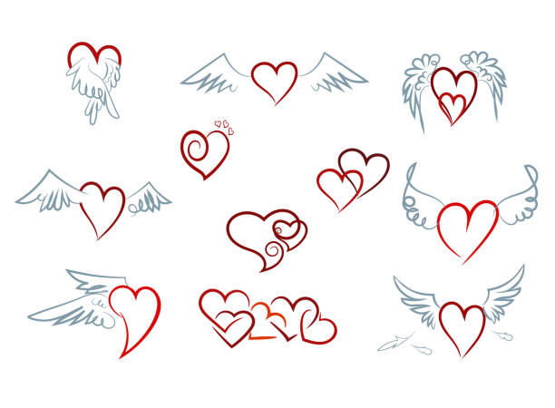 Set of hearts with wings Set of hearts with wings. Love, heaven, pleasure. Can be used for topics like pattern, background, Valentines day winged heart stock illustrations