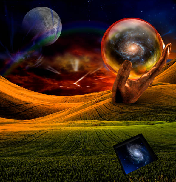 istock Giant hand sculpture holds galaxy 1081595772