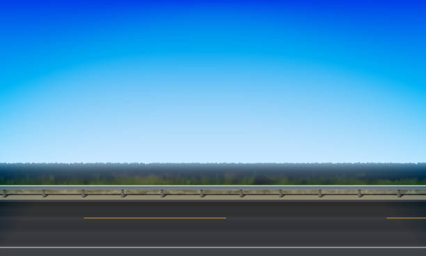 illustrazioni stock, clip art, cartoni animati e icone di tendenza di vista laterale di una strada con una barriera d'incidente, prato verde lungo la strada e sfondo cielo blu chiaro, illustrazione vettoriale - ciglio della strada