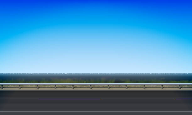 Side view of a road with a crash barrier, roadside green meadow and clear blue sky background, vector illustration Side view of a road with a crash barrier, roadside green meadow and clear blue sky background, vector illustration roadside stock illustrations