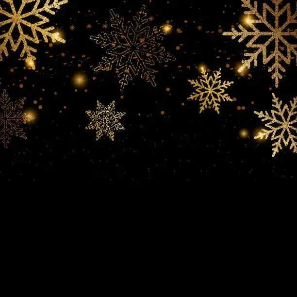 Vector illustration of Merry Christmas and Happy New Year card with golden snowflakes. Vector background.