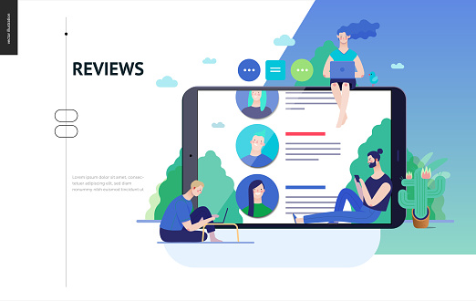 Business series, color 3 - reviews -modern flat vector illustration concept of people writing reviews and the review page on the tablet screen. Creative landing page or company product design template