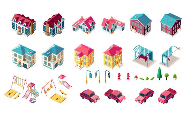 Vector illustration of Set building children playground car