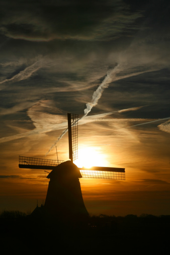 Windmill in a Dutch village with a field in the background.