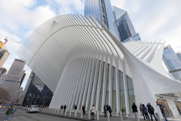 Outdoor view of World Trade Center Transportation Hub or Oculus in Lower Manhattan New York, USA - November 26, 2018 : Outdoor view of World Trade Center Transportation Hub or Oculus in Lower Manhattan new york life building stock pictures, royalty-free photos & images