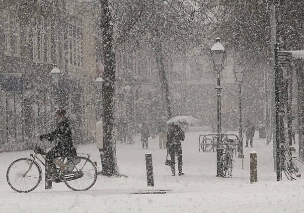 nieve intensa caer en town square con personas a - dutch culture fotos fotografías e imágenes de stock