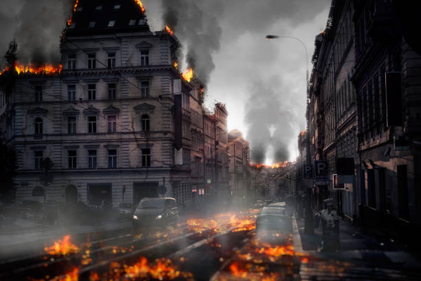 istock Destroyed city concept. Digital illustration 1081620516