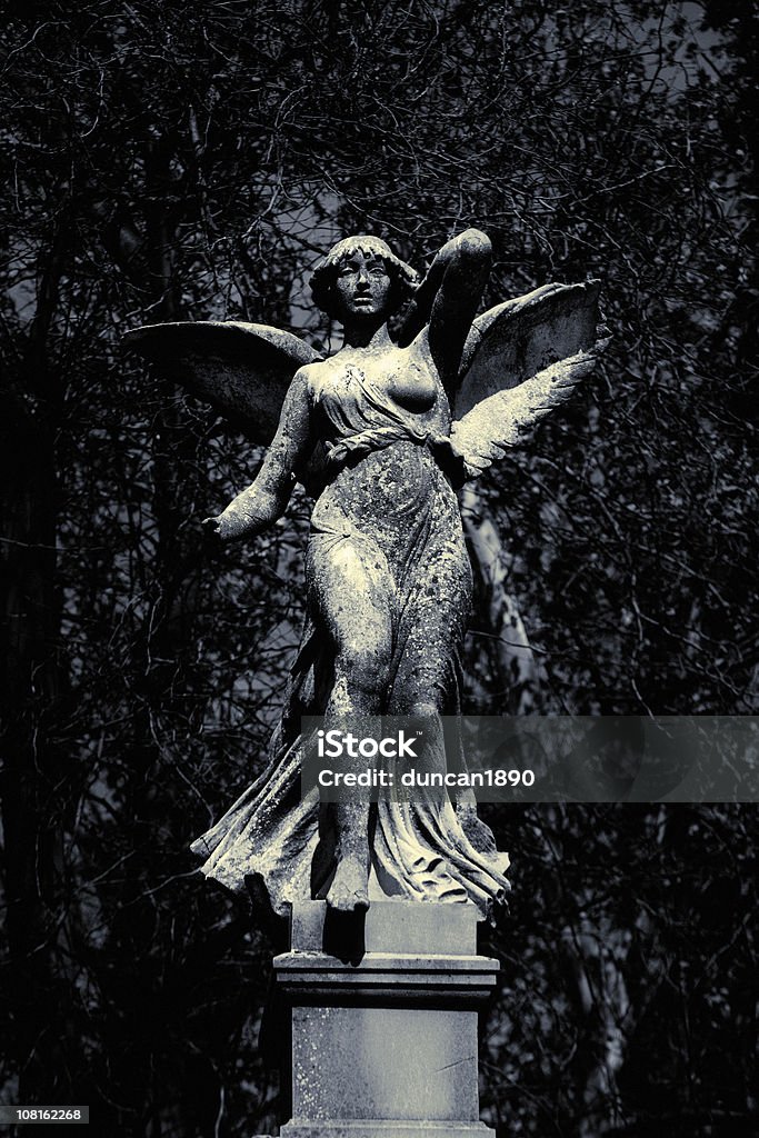 Statua di angelo in marmo classico in giardino, bianco e nero - Foto stock royalty-free di Ambientazione esterna