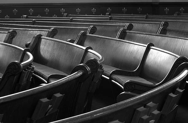 istock Empty Pews in Church, Black and White 108162360
