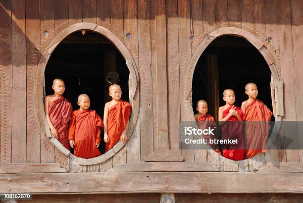 Novice Monk Class Looking Out Of The Window Myanmar Stock Photo - Download Image Now