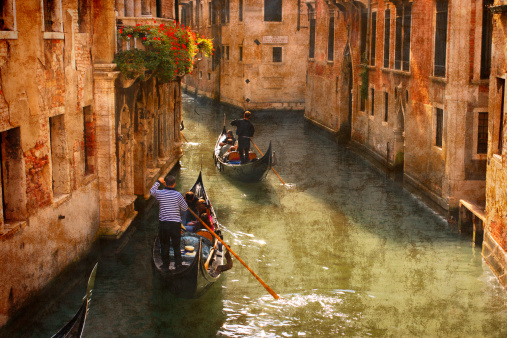 Venice with famous gondolas at sunrise, Italy